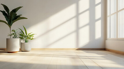 frameless tablet hovering in bright Scandinavian interior, light wood floor and white wall, soft daylight.