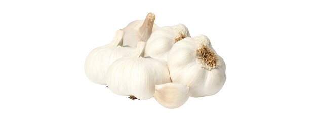 Organic Garden Garlic Bulb and Clove Isolated on White Background Showcasing Natural Organic Food. Raw Garlic Isolated Top View. Aromatic, Vegetarian, Unpeeled, Condiment, Ripe, Vegetables 
