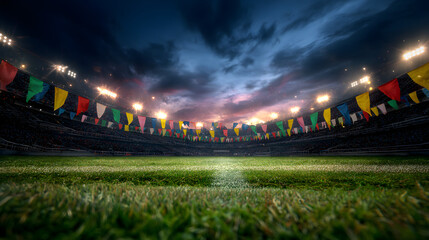 Stadium's Dramatic Arena: A colossal stadium, filled with eager fans, illuminated under a striking cloudy sky, epitomizes the heart of the sport with a dynamic and dramatic atmosphere.