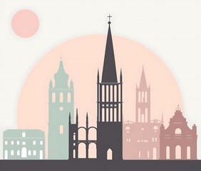 Obraz premium Minimalist illustration of a city skyline featuring historic church towers and buildings against a pale pink sun and circular background.