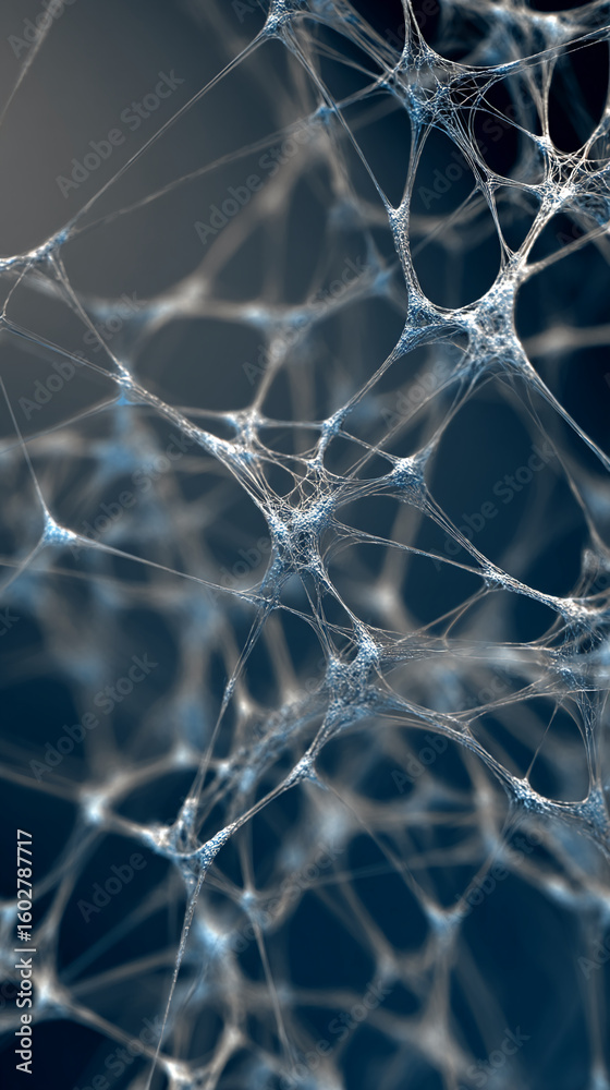 Poster Intricate network of thin, translucent strands, creating a complex web-like structure, symbolizing connection, communication, and neural networks