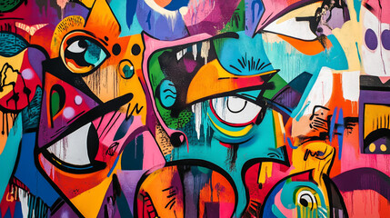 Obraz premium Graffiti street art style mural, vibrant colors, urban culture, expressive characters.