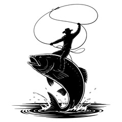 Vector Silhouette of a Cowboy Riding a Giant Fish with Lasso isolated on white