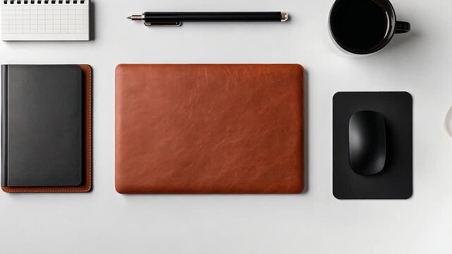 Organized workspace with leather accessories, notepad, pen, and mouse