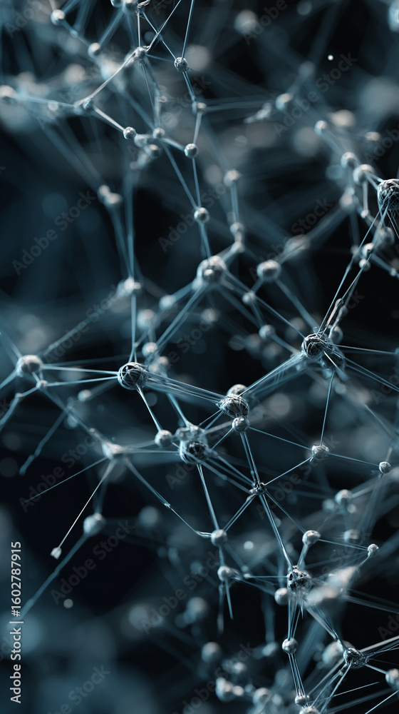 Poster Abstract image of interconnected nodes and lines, creating a complex network structure symbolizing connection, communication, or technology, ideal for science or tech backgrounds