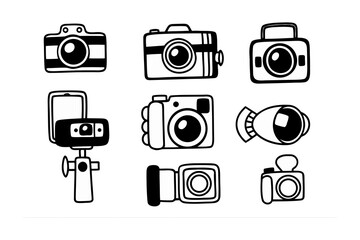 A collection of hand drawn doodle style illustrations featuring various types of cameras and photography equipment