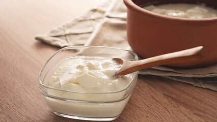 Yogurt eating concept, natural healthy probiotic