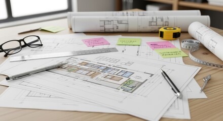 Creative process of house design with layered blueprint sheets.