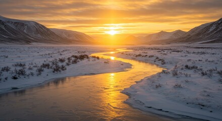 Obraz premium Frozen River at Sunset with Snowy Landscape and Distant Mountains
