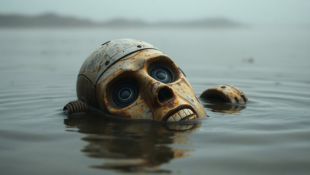 A robot head partially submerged in water with a cloudy sky and a distant shoreline visible behind it