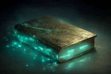 Old book with glowing turquoise lines, surrounded by sparkling particles, lying on a dark surface, symbolizing magic, mystery, or knowledge