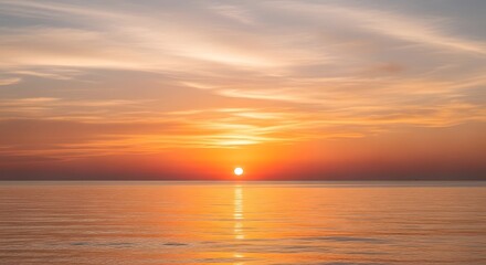 Fototapeta premium Sunset Over Calm Ocean Waters, Nature Photography, Serene Environment, Coastal Viewpoint, Summer Vibes