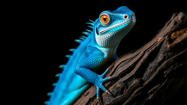 Striking Blue Lizard with Golden Eyes Facing the Viewer on Wood