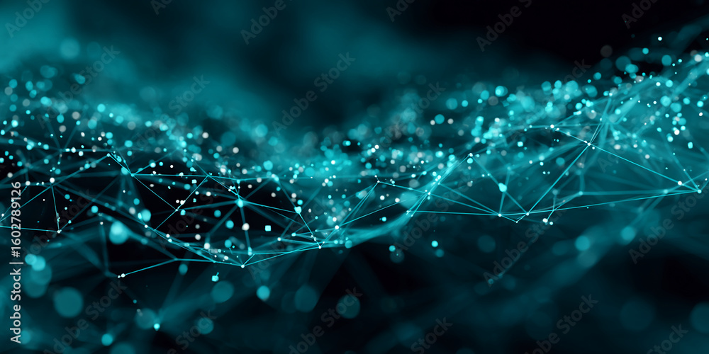 Poster abstract teal network, glowing points connected by lines, creating a wave-like pattern on dark backg