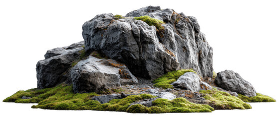Rugged Stone Formation: A detailed, photorealistic depiction of a weathered stone formation, textured with age and adorned with patches of vibrant green moss.
