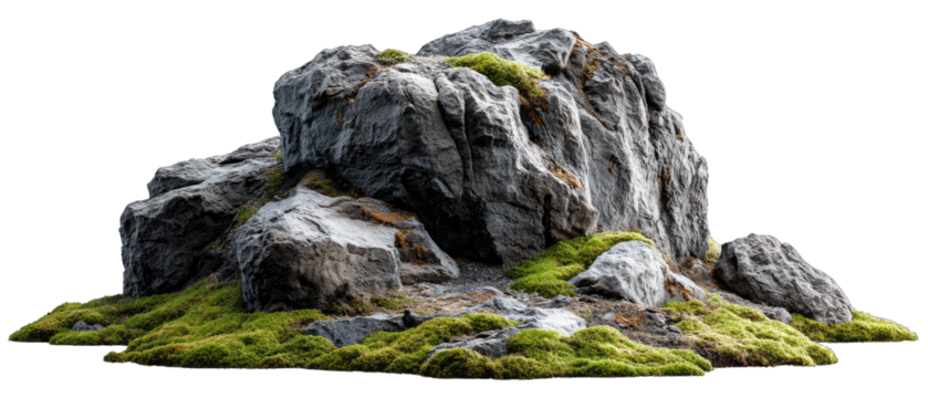 Rugged Stone Formation: A detailed, photorealistic depiction of a weathered stone formation, textured with age and adorned with patches of vibrant green moss.