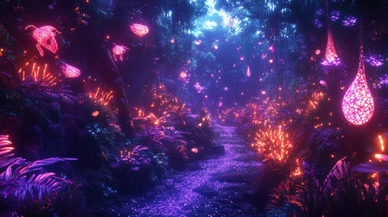 Enchanted Bioluminescent Forest at Night A Digital Fantasy Landscape