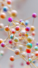 Abstract image of colorful spheres connected by thin gold rods, creating a complex network structure, showcasing connectivity and intricate design, ideal for science or technology concepts