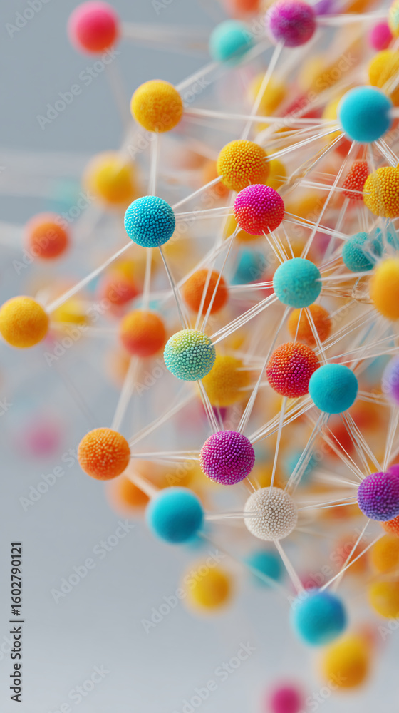 Poster colorful spheres interconnected by thin threads, creating a complex network structure, symbolizing c