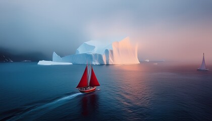 under the fog an iceberg floats on the water in the foreground a yacht with red sails is sailing greenland