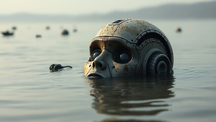 Robot head submerged in water with boats visible in the background on a hazy day at the lake