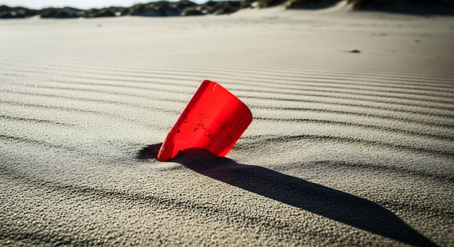 Red plastic cup discarded on a sunny sandy beach with wind ripples, symbolizing pollution and the need for environmental protection. - Powered by Adobe