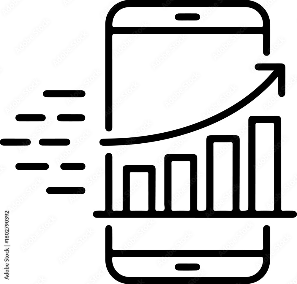 Poster mobile phone displaying a rising bar graph with an upward trend arrow and motion lines