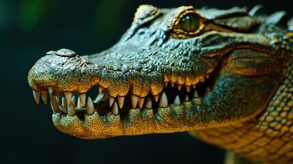 Detailed view of a crocodile's rough, scaled skin near its powerful jaw, ancient reptile