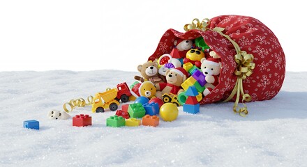 Colorful toys spill from red gift bag on snow