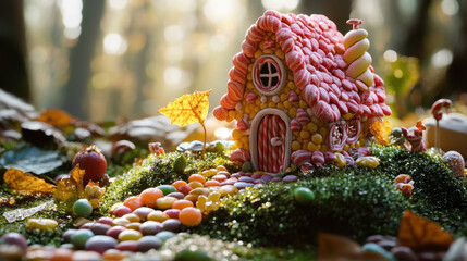 Enchanted Candy House in Autumn Forest Setting