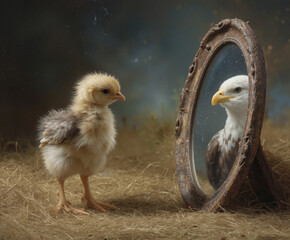 Chick standing on hay gazes into a mirror reflecting an eagle, capturing the essence of transformation
