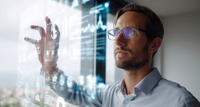 A trainer engages with a holographic interface while conducting a study seminar. The setting features futuristic technology, emphasizing digital interaction and enhanced learning experiences.