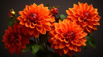 Vibrant orange dahlias on a dark background, suitable for greeting cards and botanical themes.