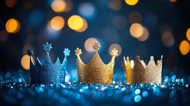 Happy Epiphany Day, Three Kings Day greeting card with three gold crowns on blue background