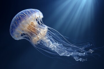 Stunning blue jellyfish gliding gracefully through sunlit ocean waters