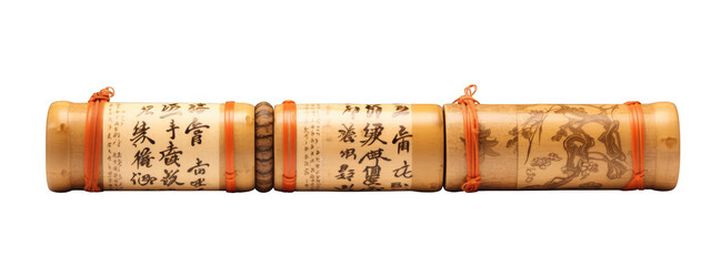 An old bamboo scroll showcasing Asian calligraphy and engravings against a dark background, evoking themes of history and cultural heritage.