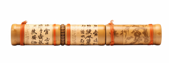 An old bamboo scroll showcasing Asian calligraphy and engravings against a dark background, evoking themes of history and cultural heritage.