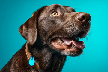 Close-up of brown Labrador Retriever, tongue out, against teal background Joyful, playful expression, showcasing pet happiness and loyalty Ideal for pet-related content
