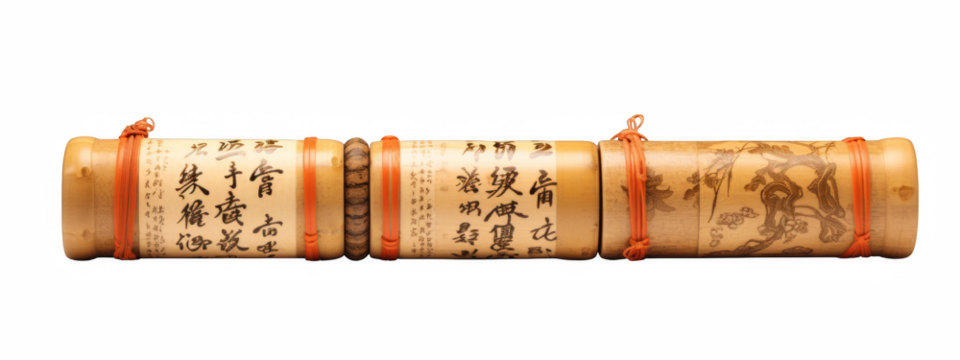 An old bamboo scroll showcasing Asian calligraphy and engravings against a dark background, evoking themes of history and cultural heritage.