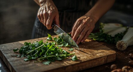 A person chopping fresh green herbs on a wooden cutting board with a large silver knife in the kitchen