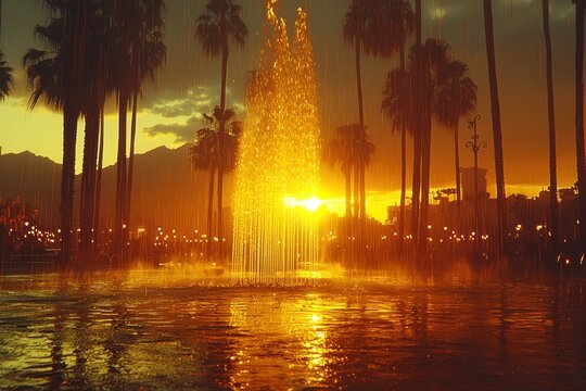 Golden fountain at sunset in a city park.  Palm trees line the edge of a reflecting pool.  Warm, vibrant colors