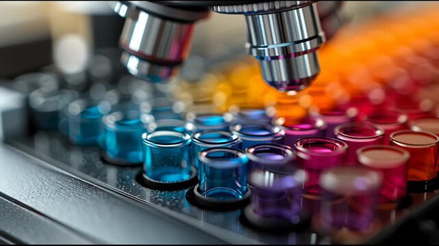 Close up microscope focusing colorful liquid samples in multi well plate with vibrant hues for scientific research analysis