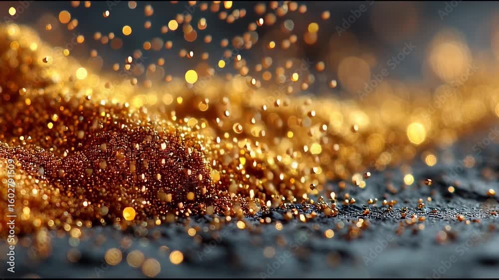 Poster golden glitter particles sparkle and float softly over dark surface with warm glowing sparkle partic