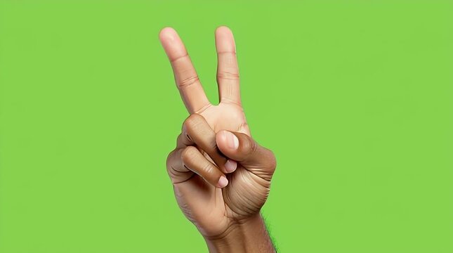 Close-up of human hand forming peace symbol with two raised fingers against a vivid chroma key green screen for overlay video