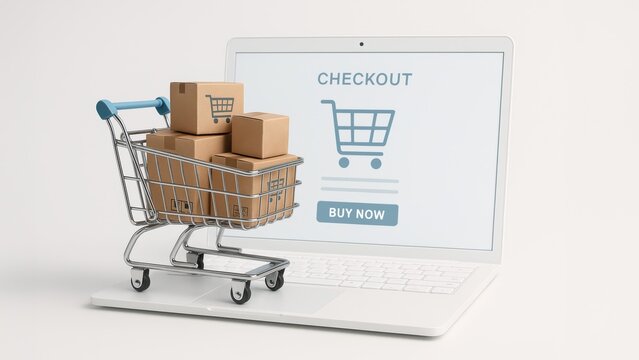 A shopping cart filled with cardboard boxes sits on a laptop keyboard. The screen displays a checkout page with a shopping cart icon and a buy now button.