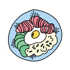 illustration of a bowl for pp breakfast with slices of tuna, avocado, rice and egg in doodle style