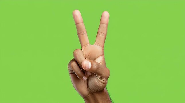 Victory gesture using two fingers shown on green screen for communication or expression overlay video