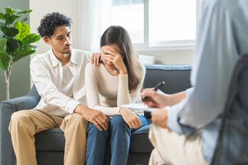 Psychology, depression asian young couple love woman and male patient consulting problem mental...