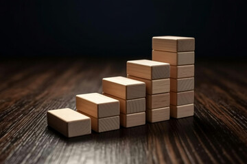 Beige wooden blocks stacked in ascending order on dark wood surface growth chart progress