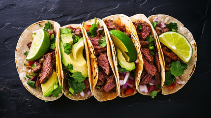 Mexican tacos with beef, avocado, cilantro, lime slices, street food style, vibrant colors, overhead shot.